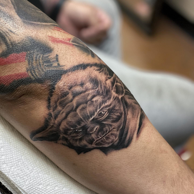 Yoda added to an ongoing Star Wars sleeve by artist : @dev_walden — tattoo by Alberto  Valladares, Laguna Hills, California