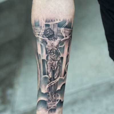 Jesus by artist: @dev_walden — tattoo by Alberto  Valladares, Laguna Hills, California