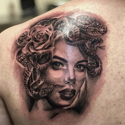 Medusa portrait done by @dev_walden — tattoo by Alberto  Valladares, Laguna Hills, California