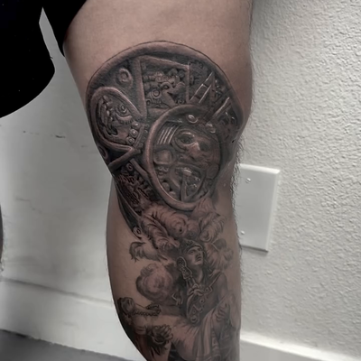 Forge your story in black & grey.
This Aztec leg sleeve is built for warriors — … — tattoo by Alberto  Valladares, Laguna Hills, California