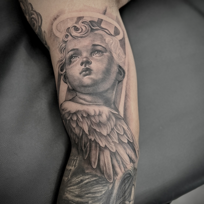 Tattoo by trigger: 👼✨ Cherub Angel Tattoo ✨👼
Just finished this beautiful cherub angel piece! A t…