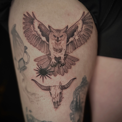 Sssssickkk owl filler and a rework of a bull skull previously done by another ar… — tattoo by Cece Rodriguez, Colonie, New York