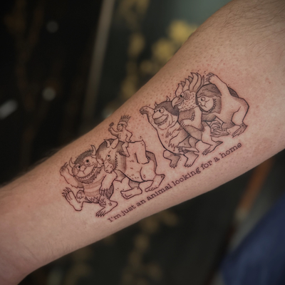 Some classic characters accompanied by a Talking Heads lyric! Do you know what b… — tattoo by Cece Rodriguez, Colonie, New York