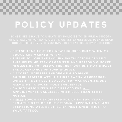 ⚡️IMPORTANT POLICY UPDATES⚡️

Both new and return clients please read these slid… — tattoo by Cece Rodriguez, Colonie, New York