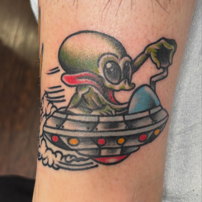 Zoom Zoom Fly Boy!
Ratfink inspired alien flying a space ship!

#superchangotatt… — tattoo by D J, Spring, Texas