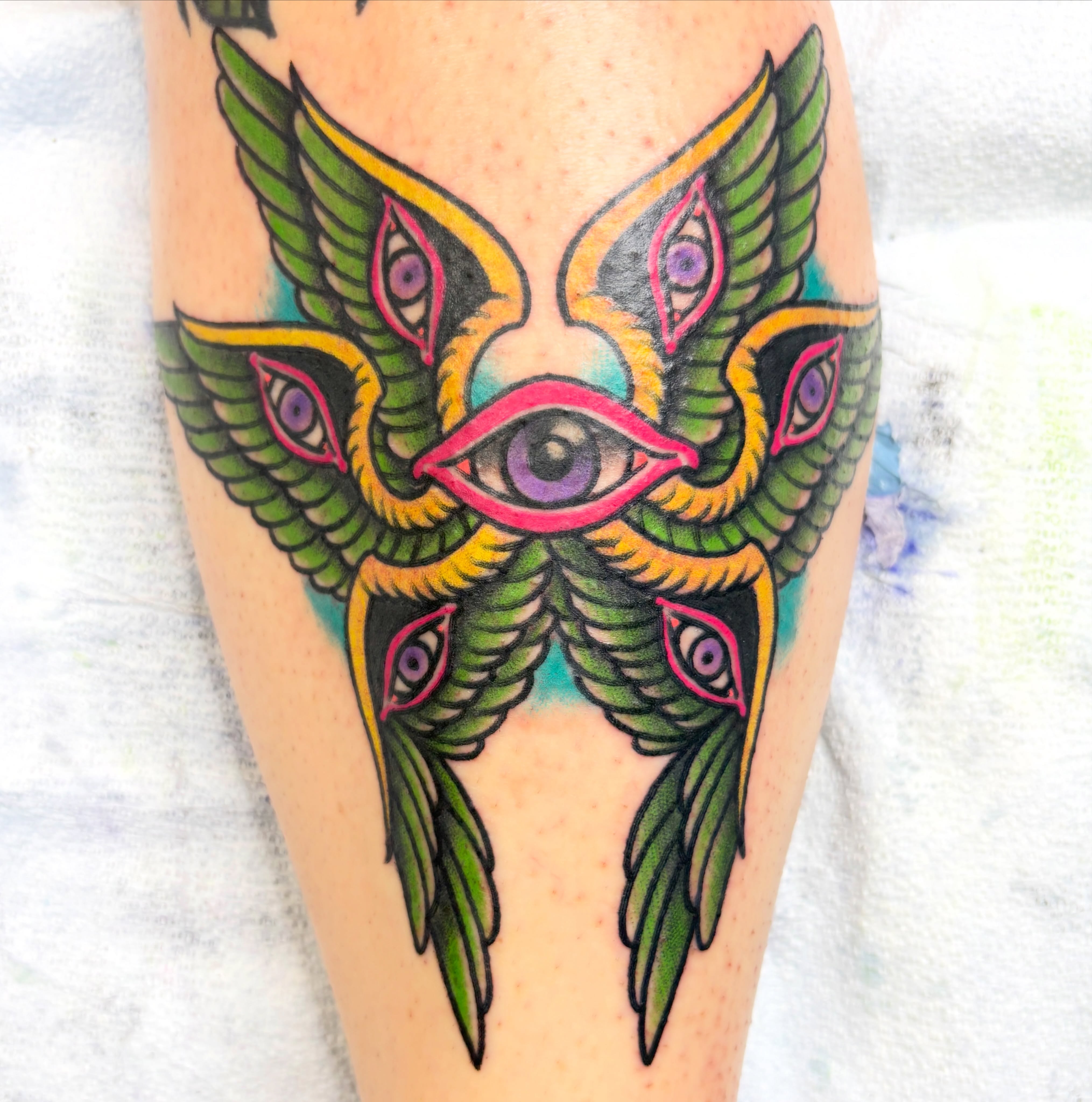 Neon Traditional Seraphim Shin Blaster

#houstontattooartist#superchangotattoost… — tattoo by D J, Spring, Texas