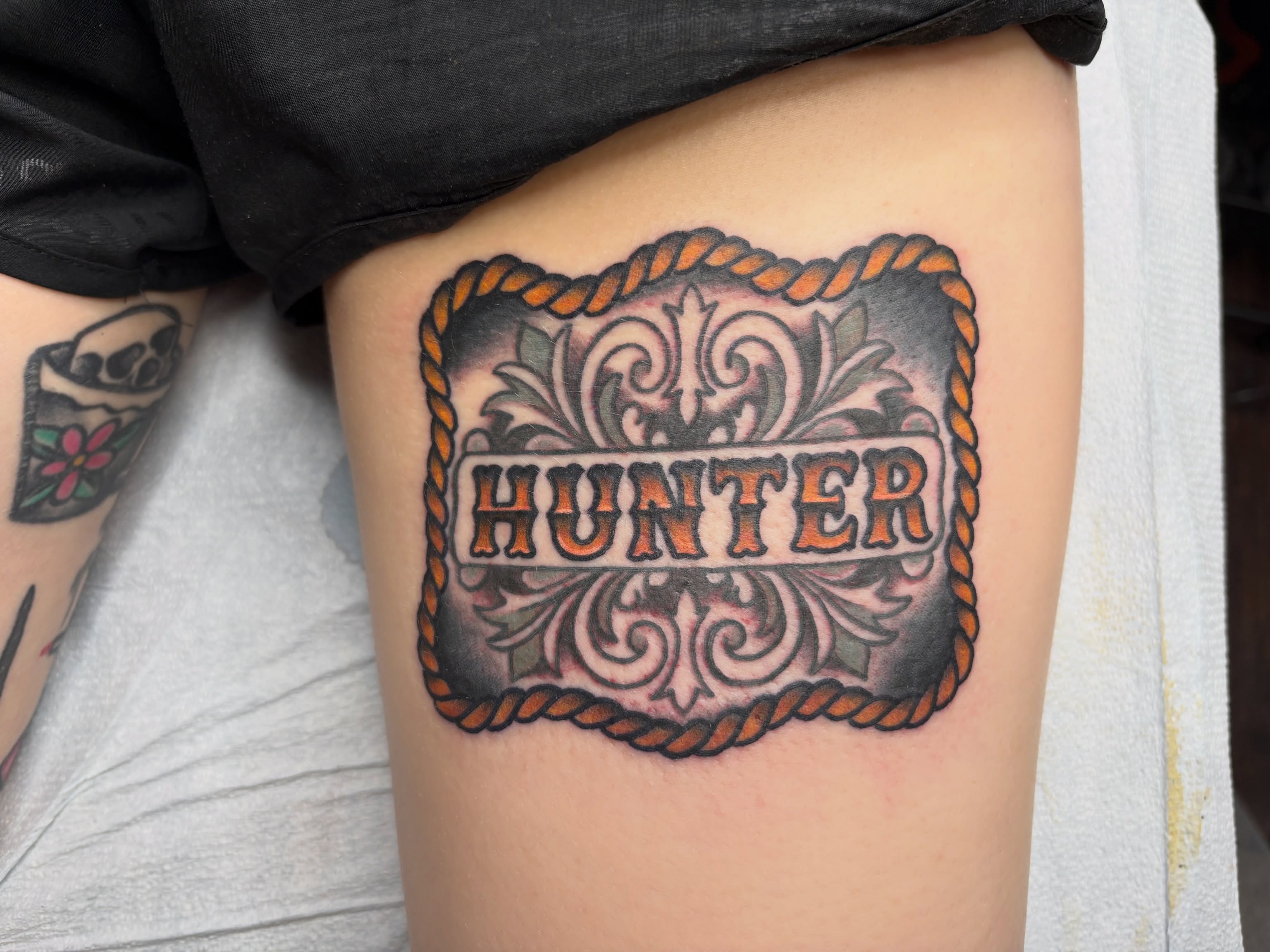 Lil belt buckle for the Groom on the Bride to be!

#houstontattooartist#supercha… — tattoo by D J, Spring, Texas