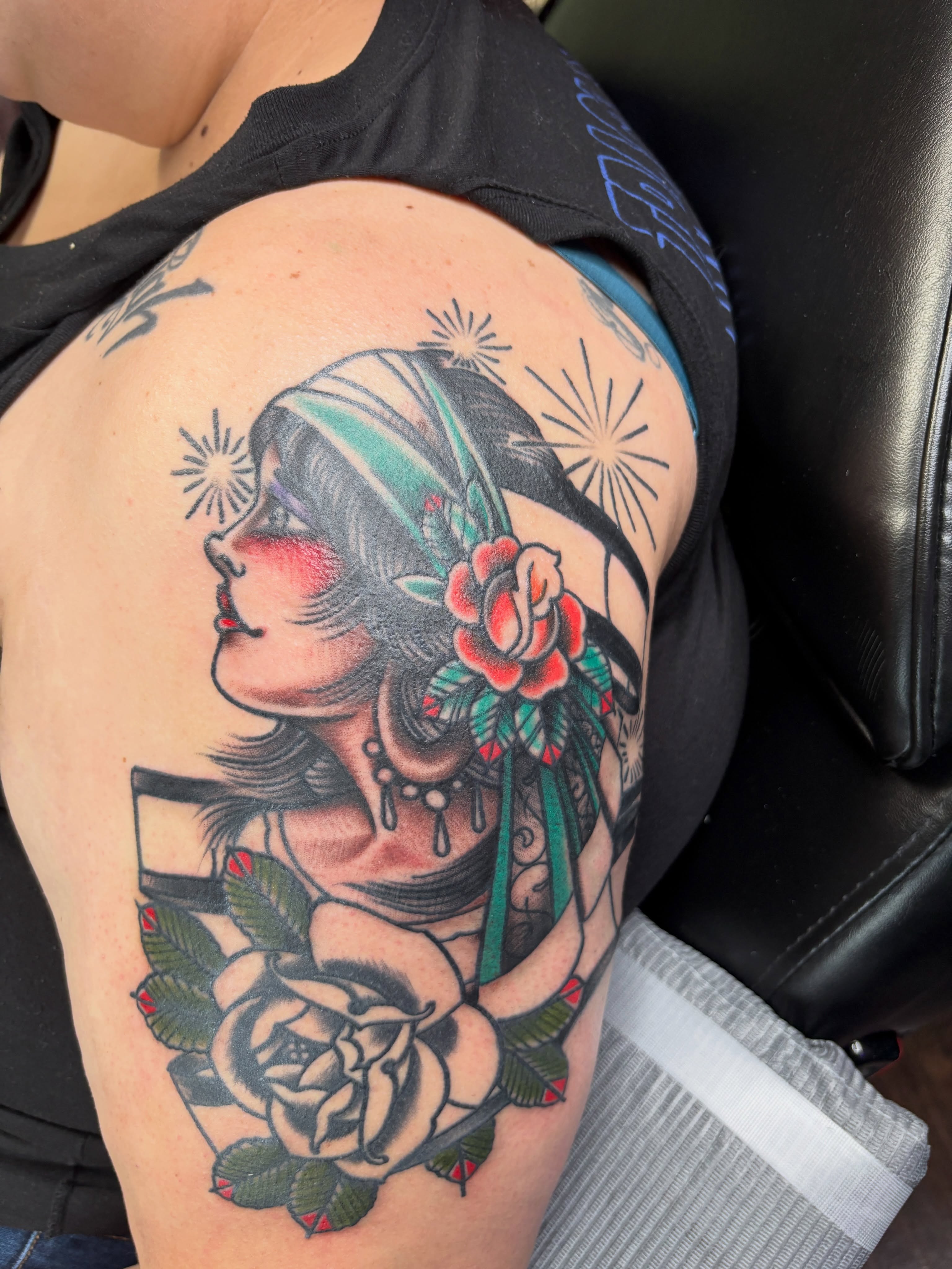 Got to add a second session on this Taditional Lady Head Tattoo on the wonderful… — tattoo by D J, Spring, Texas