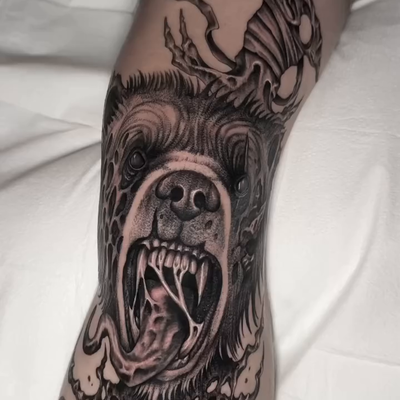 Zombie bear Namakubi knee blaster 🫠. There is one spot in the mouth I had to wo… — tattoo by Ryley  Smith, Bozeman, Montana