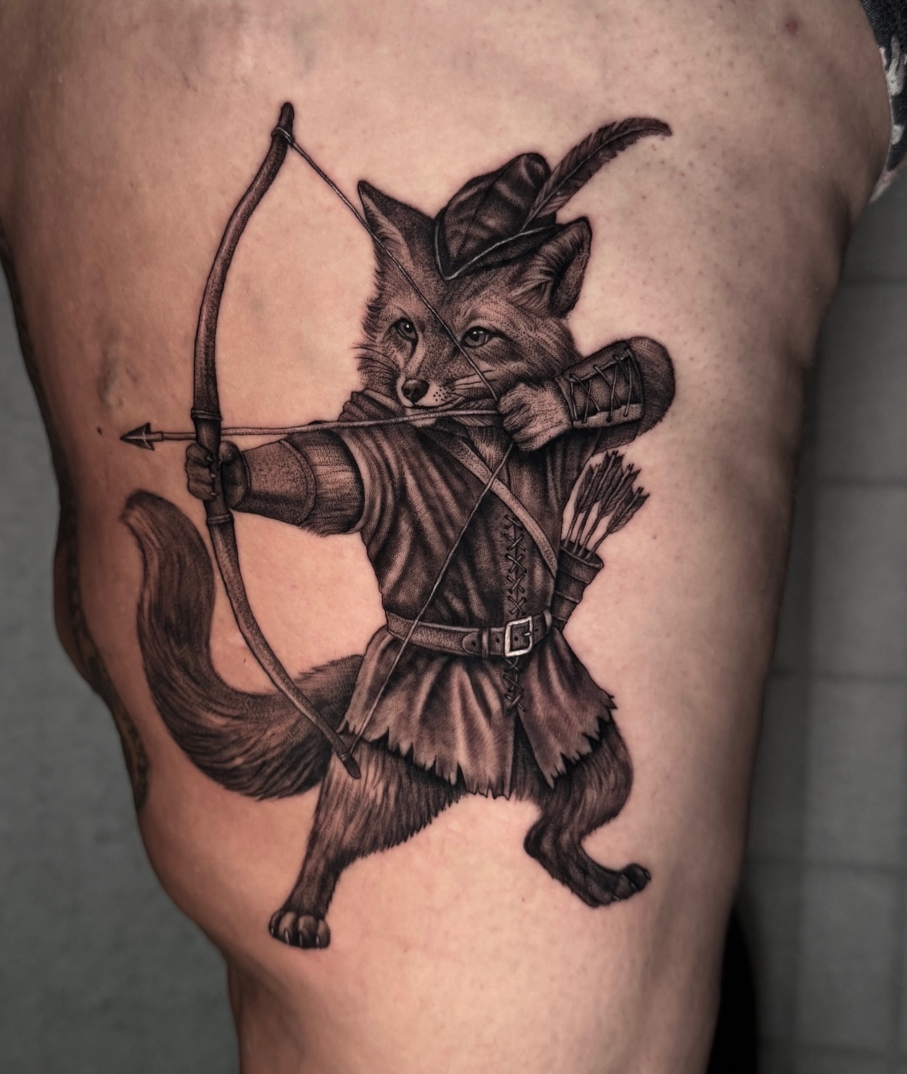“Steal from the rich, give to the poor.” Added this little Robin Hood fox to my … — tattoo by Ryley  Smith, Bozeman, Montana
