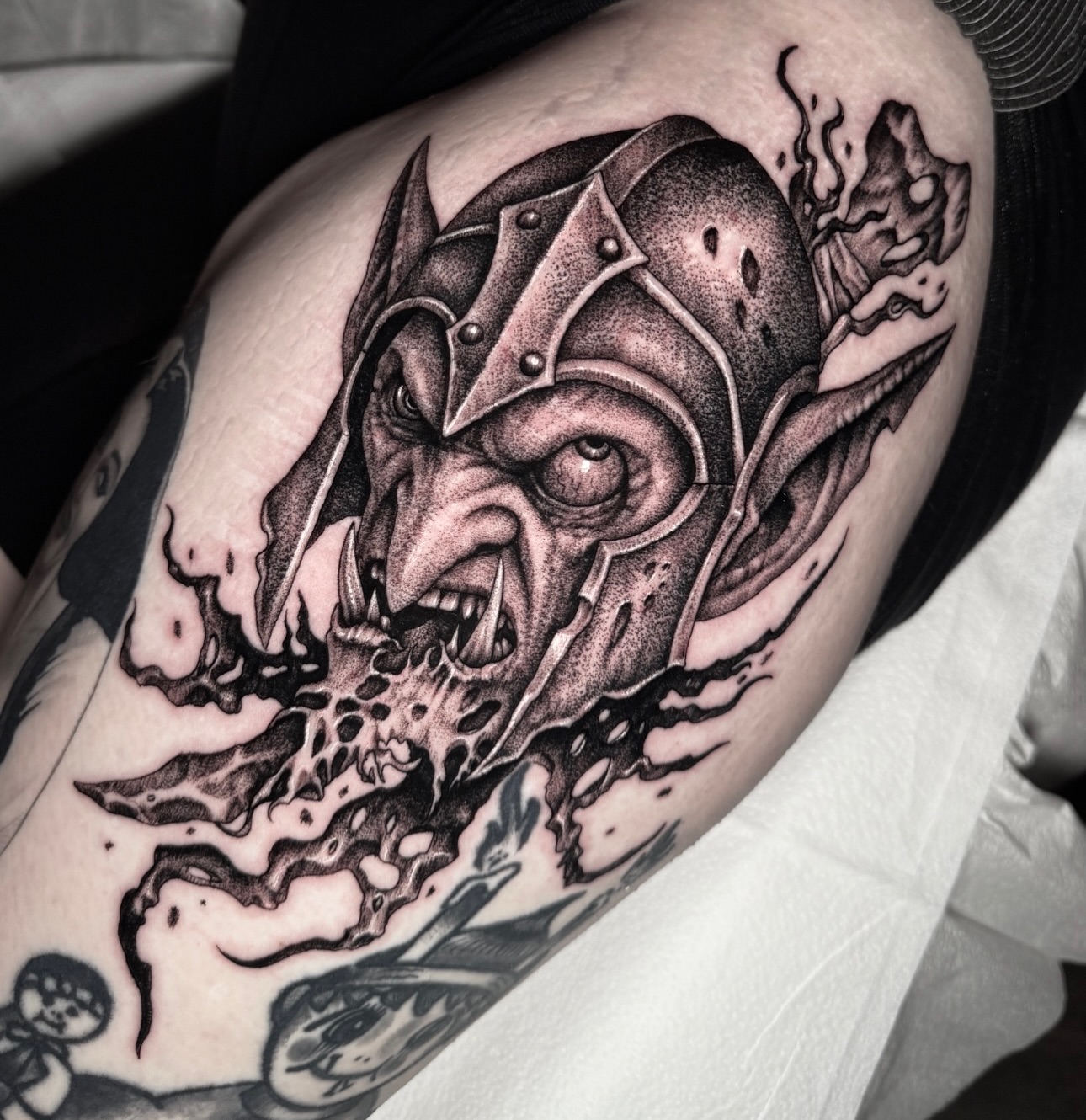 Goblin namakubi for all you fantasy nerds out there.  Thanks Cheyenne for always… — tattoo by Ryley  Smith, Bozeman, Montana
