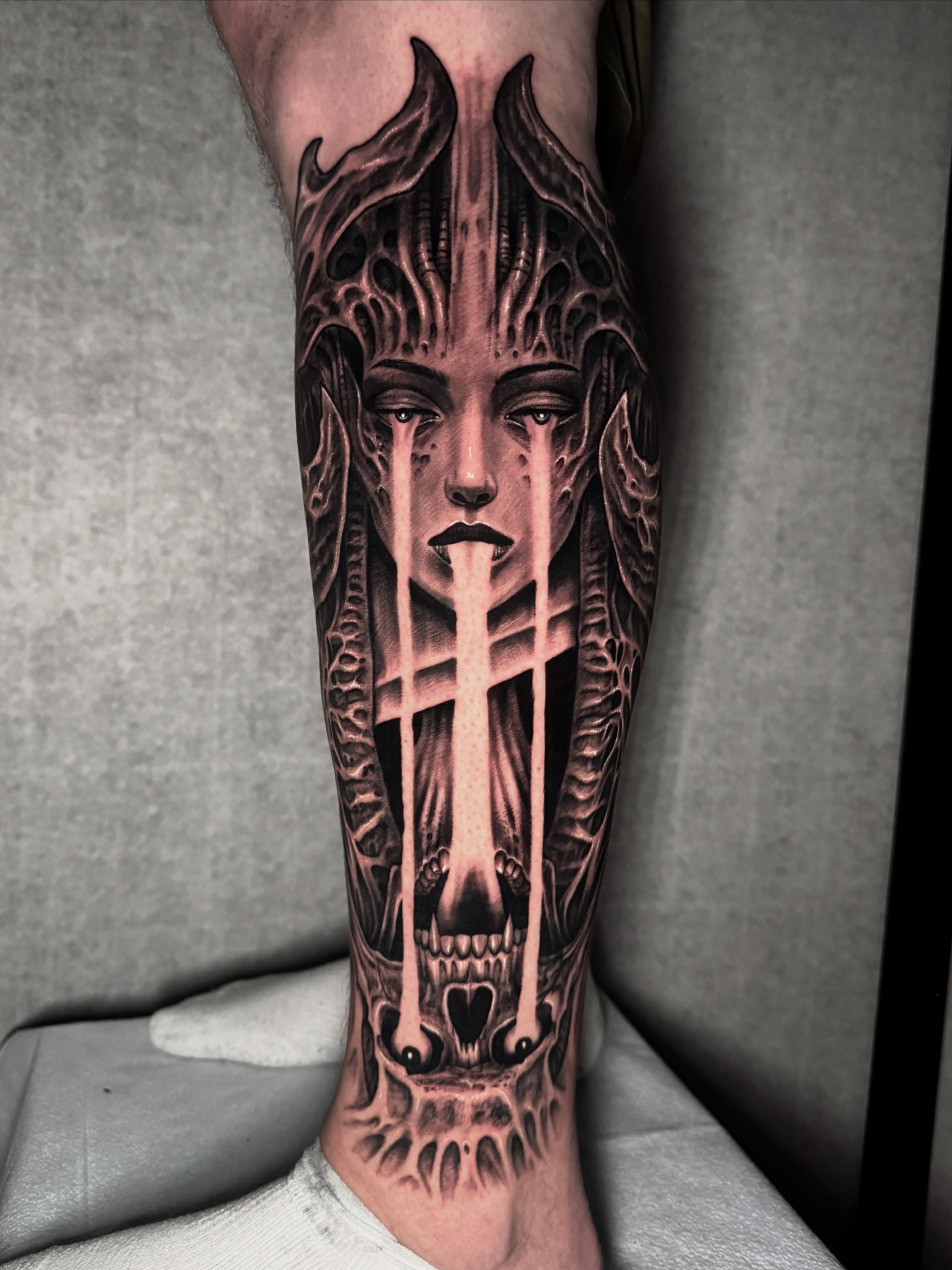 Was able to do another rendition of H.R Giger’s, Mirror Image painting yesterday… — tattoo by Ryley  Smith, Bozeman, Montana