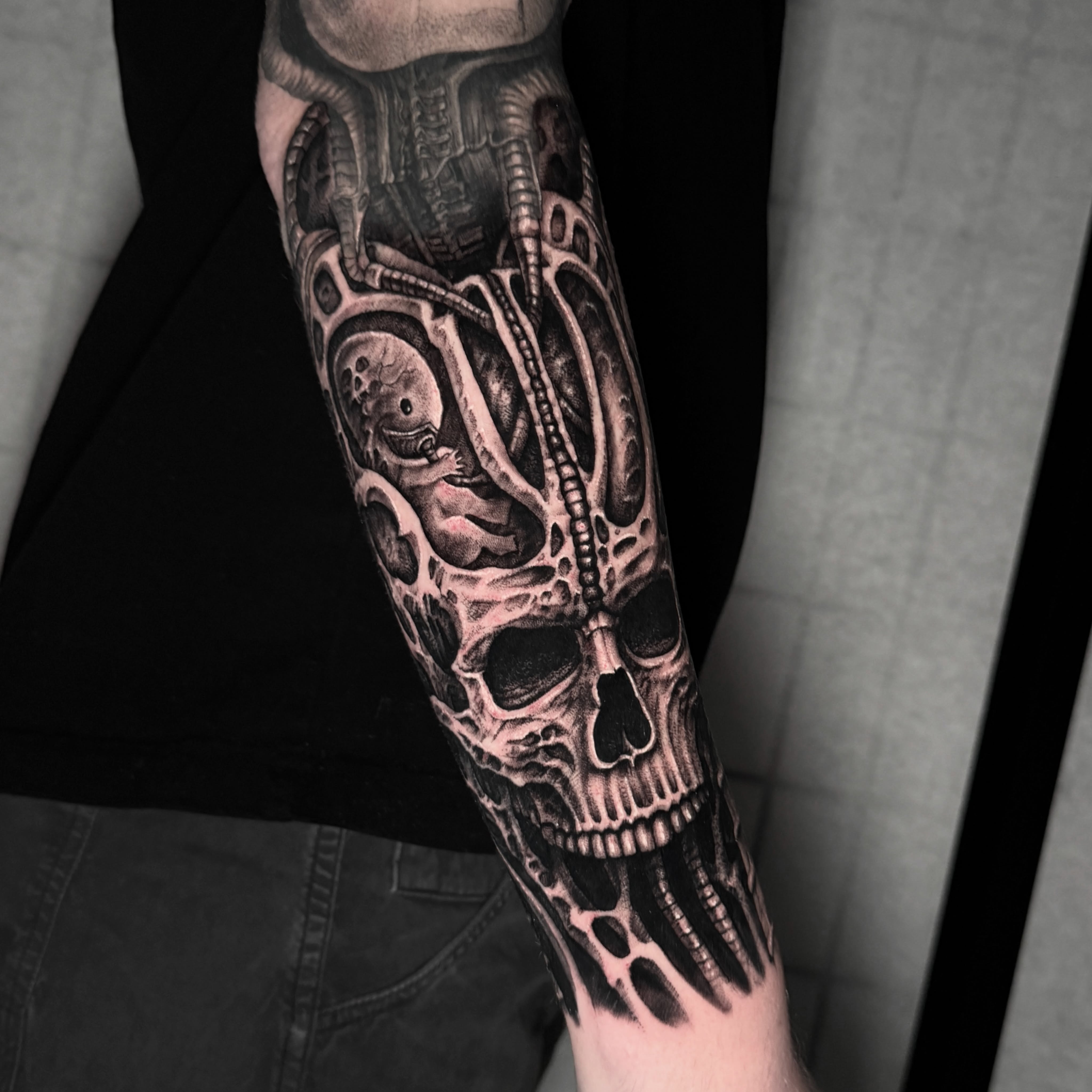 Here’s some still shots of the H.R Giger inspired sleeve I’ve been working on.  … — tattoo by Ryley  Smith, Bozeman, Montana