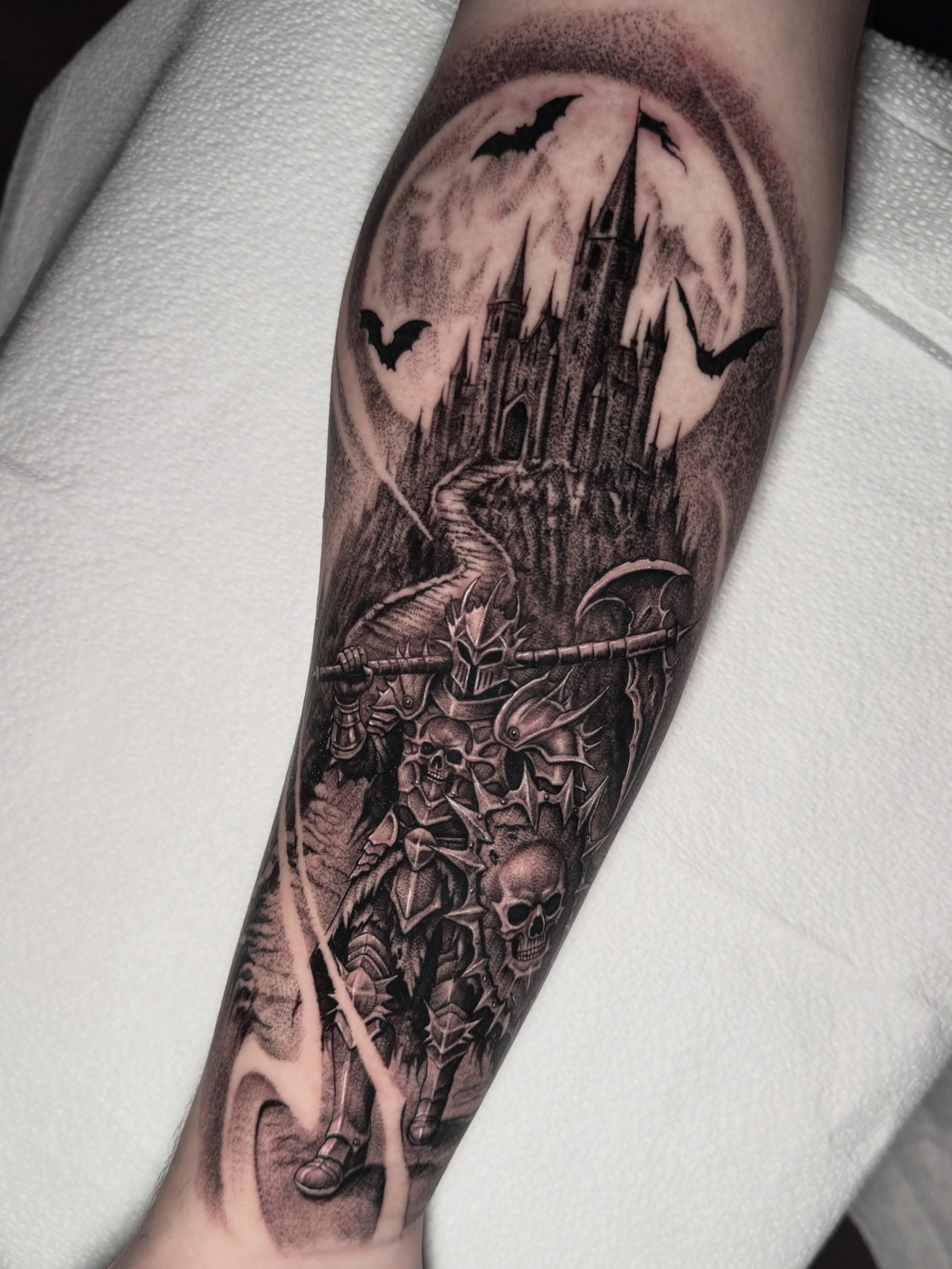 Knights will always be a favorite thing to tattoo.  Thanks for trusting me with … — tattoo by Ryley  Smith, Bozeman, Montana