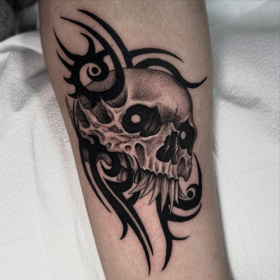 Got to do this cool tribal skull from my flash for the Labor Day flash event at … — tattoo by Ryley  Smith, Bozeman, Montana