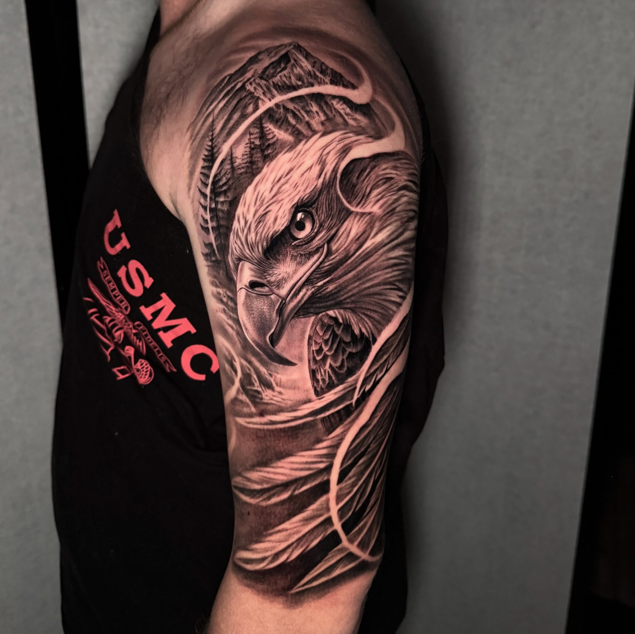 Freedom chicken 🦅. Thanks for trusting me with your first tattoo @shrauger_184,… — tattoo by Ryley  Smith, Bozeman, Montana