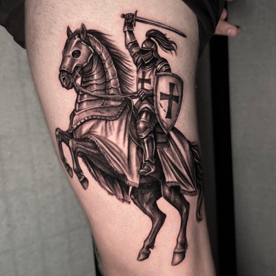 I’ve been obsessed with knights since I was a little kid.  Let’s do more medieva… — tattoo by Ryley  Smith, Bozeman, Montana