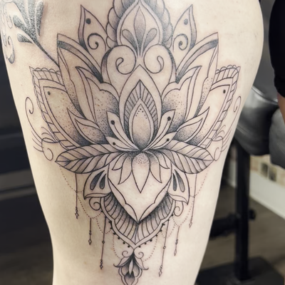 line work custom thigh tattoo 
follow me on I.g for more content @tattoos_by_poo… — tattoo by 3 Eleven, Hartford, Connecticut