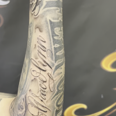 bookings available 
freehand lettering — tattoo by 3 Eleven, Hartford, Connecticut