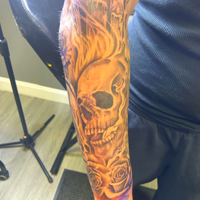 bookings available 
skulls and roses — tattoo by 3 Eleven, Hartford, Connecticut