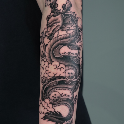 Trad/anime tattoos 
@chesneymua wanted Shenron from dragon ball z but in a Ameri… — tattoo by Liam Roberts, Toronto, Ontario