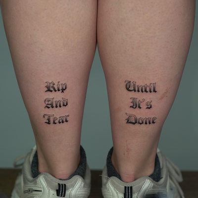 Any doom fans out there. I find doing this font with shading and not full black … — tattoo by Liam Roberts, Toronto, Ontario
