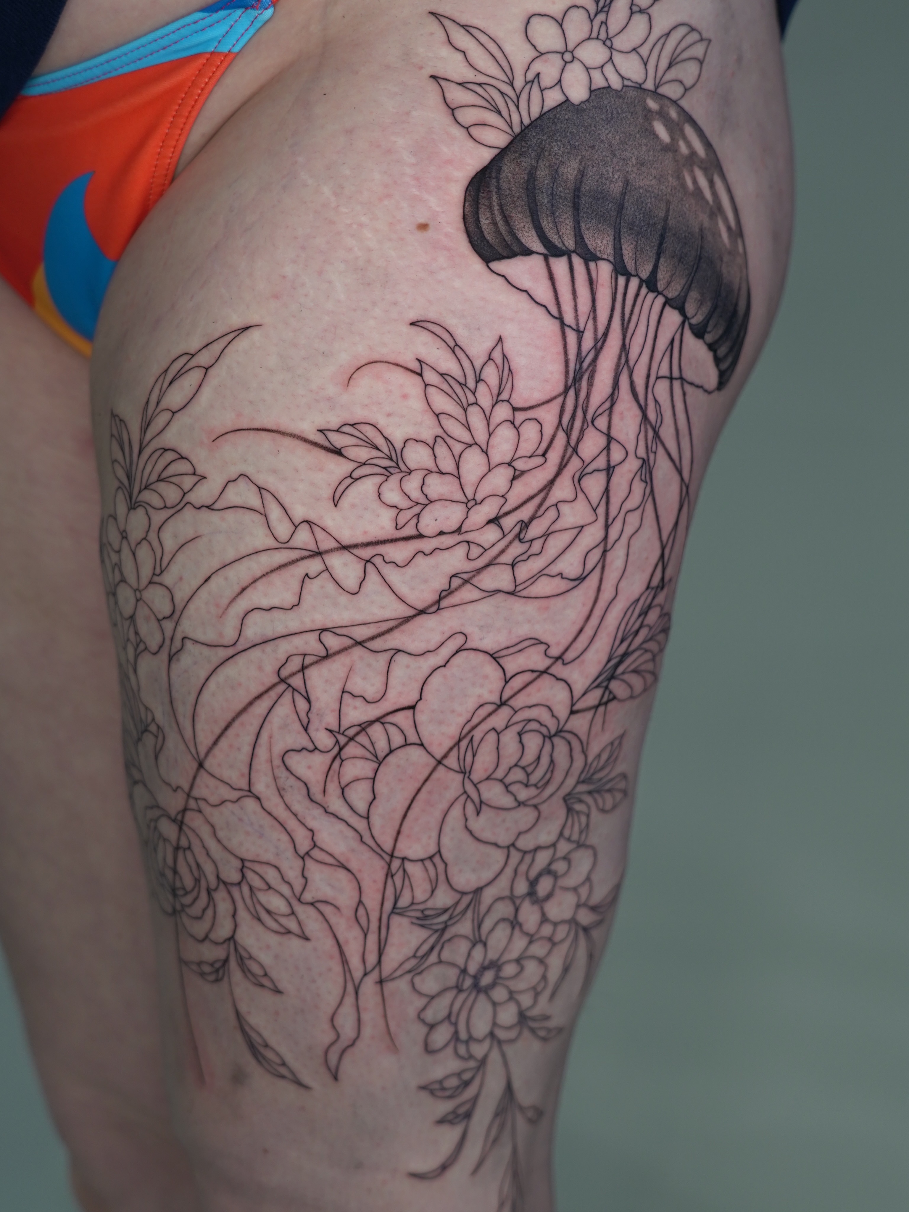 First session down on this lovely jellyfish tattoo. I’m really enjoying these la… — tattoo by Liam Roberts, Toronto, Ontario