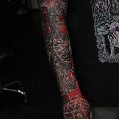 Mephisto the lord of hate from #diablo 
Books are currently open (they stay open… — tattoo by Nick G, Seattle, Washington
