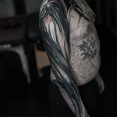 Wrapped two arms and a back for Vince.
Can’t thank you enough for the good times… — tattoo by Nick G, Seattle, Washington