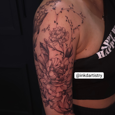 black and grey floral work. 1 5hr session. — tattoo by Avinash Samaroo, Queens , New York
