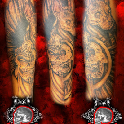Aztec god of death an his guide ! 💀💀💀💀💀💀💀💀💀💀💀 — tattoo by VooDoo Ink Tattoo, Phoenix, Arizona
