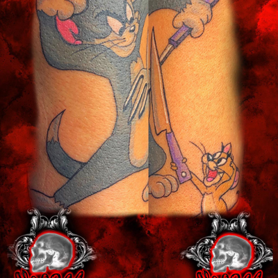 the war never ends 🐈‍⬛🐁🪤. 💀💀💀💀💀💀💀💀💀💀 — tattoo by VooDoo Ink Tattoo, Phoenix, Arizona