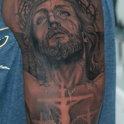 I always have a great time working with religious themes.  This was no exception — tattoo by Mike FisherDubois