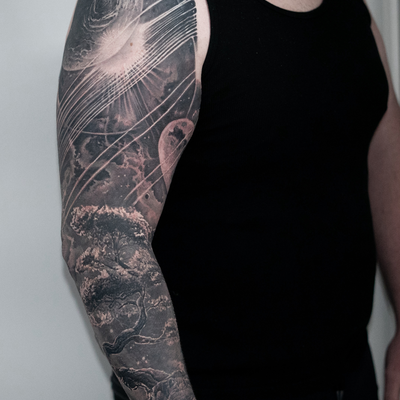 This opaque grey sleeve was a mystical adventure or whatever sorta thing you cap… — tattoo by Mike FisherDubois