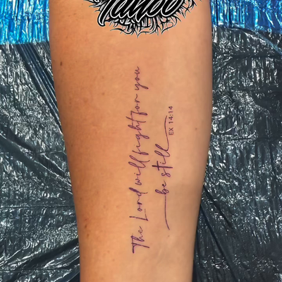 Fine - Line Script “ The Lord will fight for you be Still” with T as crosses and… — tattoo by Ricky Aragon, Elkhorn, Nebraska