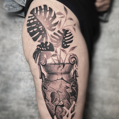 Greek vase with monsteras representing my clients origin and a new beginning. Do… — tattoo by Filip  Kasny, Toronto, Ontario