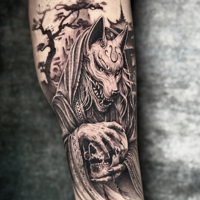 my take on Kitsune a legendary Japanese fox spirit and a type of yōkai (supernat… — tattoo by Filip  Kasny, Toronto, Ontario