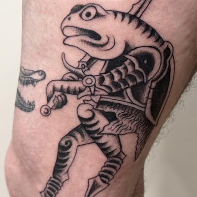 Had fun bringing this dark little frog warrior to life. Love creating custom ill… — tattoo by Ray Trombetta, Wallingford, Connecticut