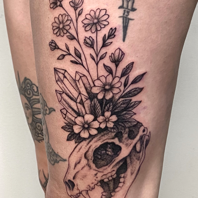 Black & grey skull piece with floral and crystals. Had fun with this one. Open t… — tattoo by Ray Trombetta, Wallingford, Connecticut