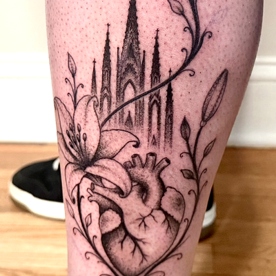 Black & grey piece blending anatomical detail, gothic architecture, and organic … — tattoo by Ray Trombetta, Wallingford, Connecticut