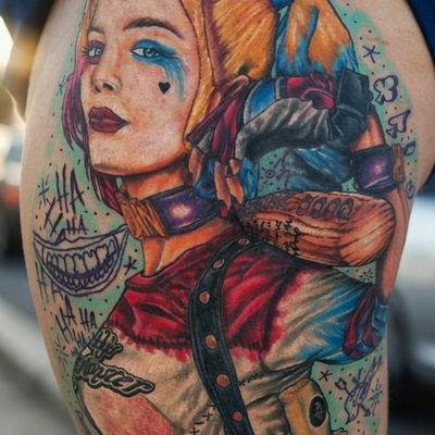 by Nemo One #harleyquinn #harleyquinntattoo #realism #realismtattoo #pinup #pinu… — tattoo by nemo one, Yuma, Arizona