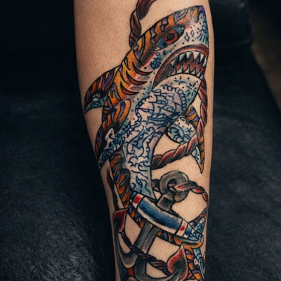 #traditionaltattoo #sharktattoo #amricantraditional byNemo One — tattoo by nemo one, Yuma, Arizona