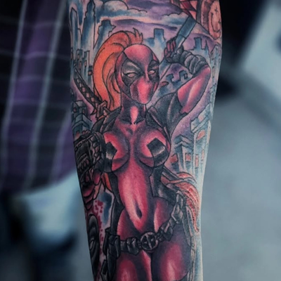 Lady deadpool by @nemo619one  at Skin Dependent Tattoo and Laser removal 
#yumaa… — tattoo by nemo one, Yuma, Arizona