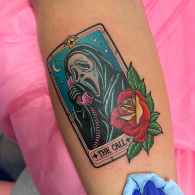 Had fun with this little Ghostface Tarot Card.  I love pop culture tattoos…Don’t… — tattoo by Chrystal Nevius, Orlando, Florida
