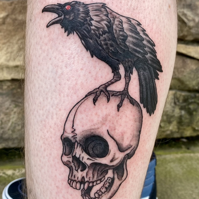 classic illustrative style Skull and Raven from my custom designs — tattoo by Brian Riggs, Temecula, California