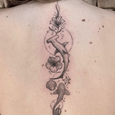 Fineline Ocean themed spinal design — tattoo by Brian Riggs, Temecula, California