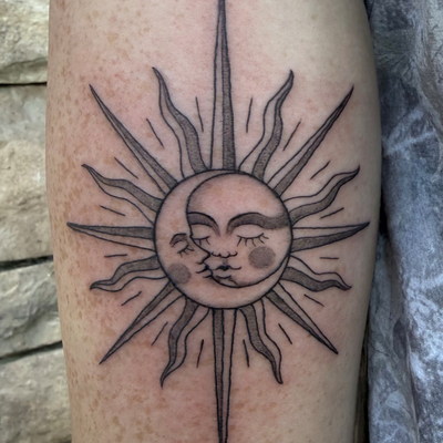 another classic combo, fineline sun and moon together. cant go wrong there — tattoo by Brian Riggs, Temecula, California