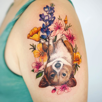 Pet portrait botanical tattoo 🌸 🐶 💗 — tattoo by Vickie Chiang, Los Angeles, California