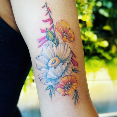 Matilija poppy, California poppy and sprig of native red Penstemon for Gail ❤️

… — tattoo by Vickie Chiang, Los Angeles, California