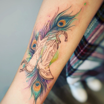 Cowboy boots, horseshoes and peacock feathers for Kristi ♡

#peacockfeathers #pe… — tattoo by Vickie Chiang, Los Angeles, California